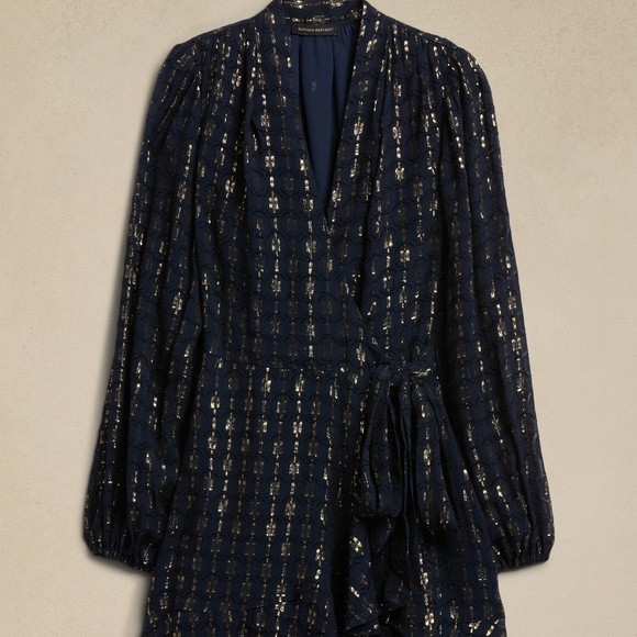 Banana Republic's Aida Jacquard Wrap Dress iShimmer Gold Navy Blue - Picture 3 of 6